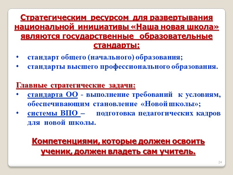 24 стандарт общего (начального) образования;  стандарты высшего профессионального образования.  Главные  стратегические